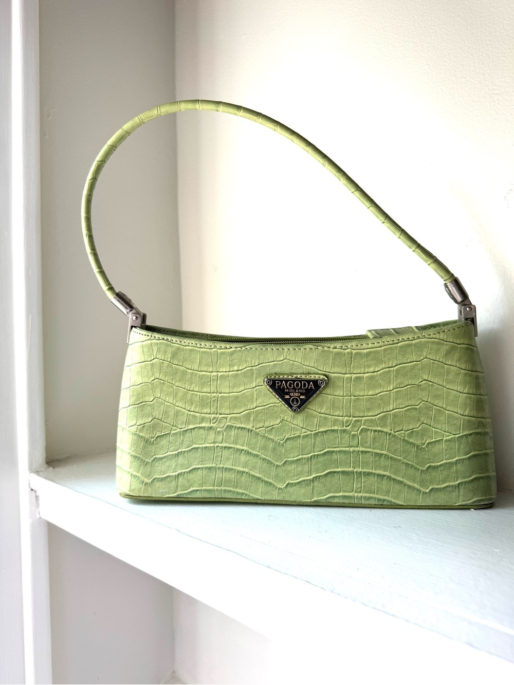 Pagoda Light Green Croc-Embossed Shoulder Bag